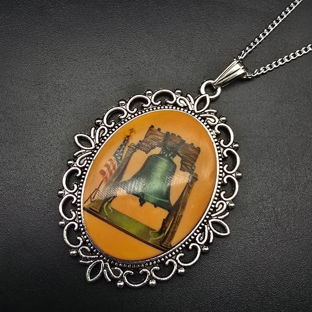 Liberty Bell Bicentennial Pendant Necklace Silver Tone Vintage